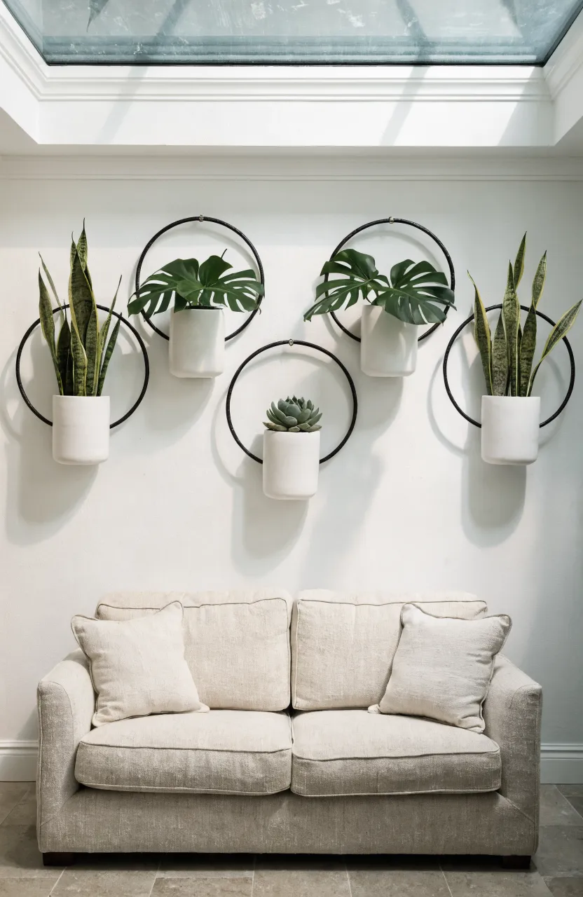 Five black circular iron hoop planters with green plants arranged in a neat row on a white living room wall.