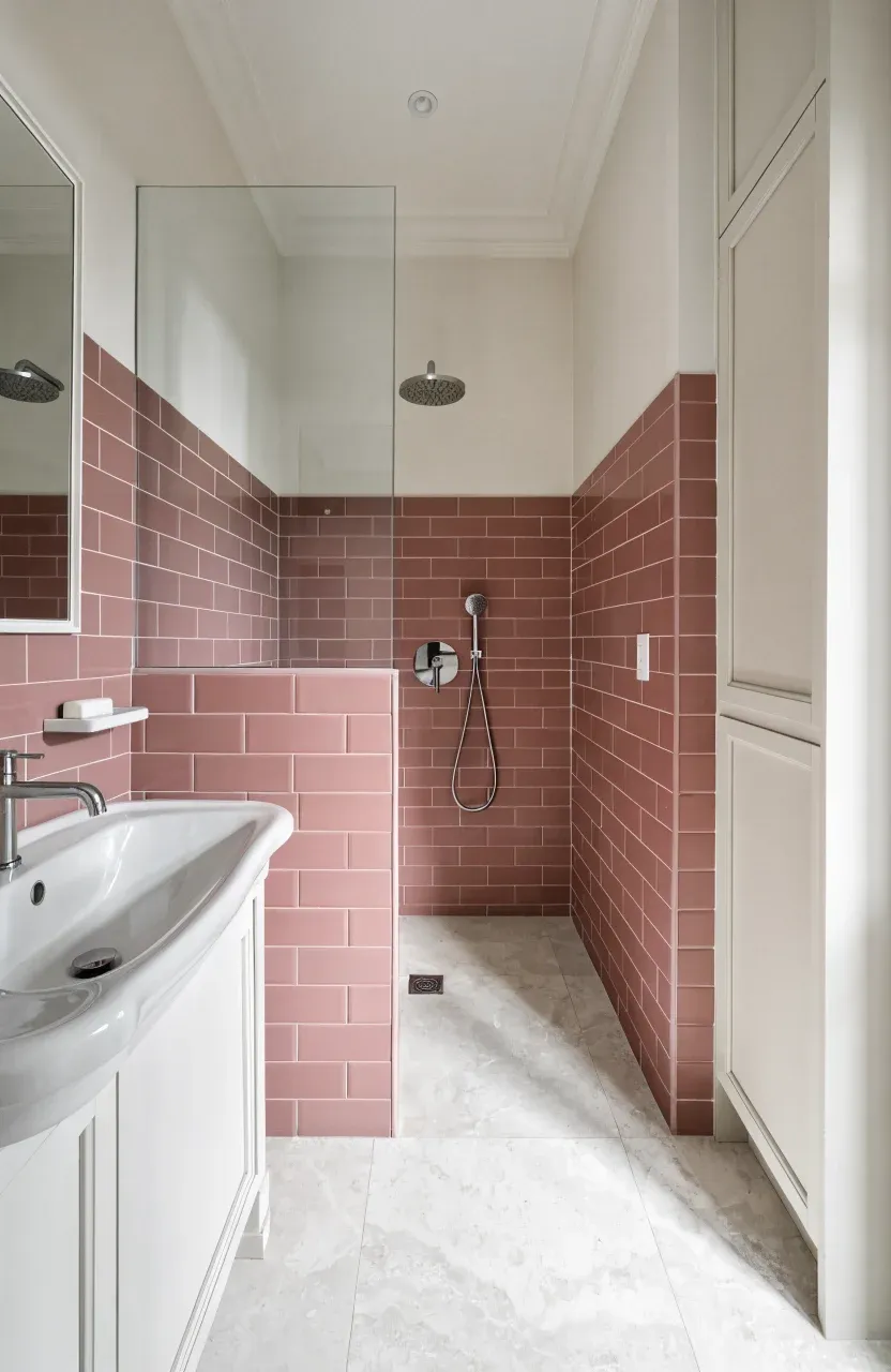 Modern bathroom with matte rose subway tiles and white grout on the lower half of the wall.