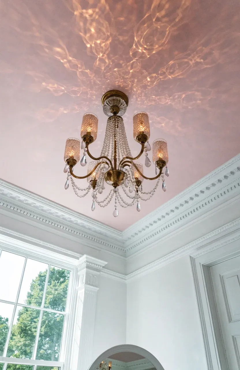 A luxurious white bathroom with a soft dusty pink painted ceiling and elegant crown molding.