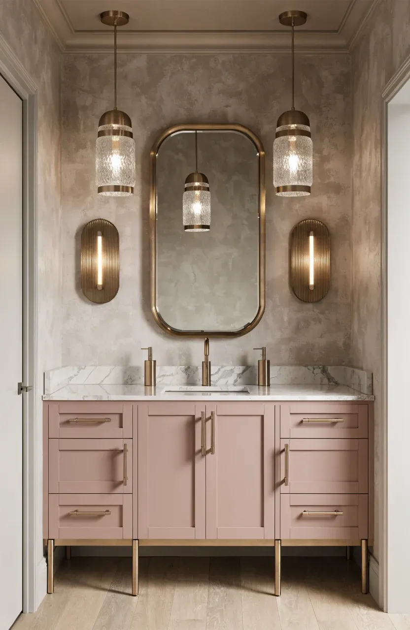 A blush pink bathroom vanity with brushed gold handles and a white marble countertop.
