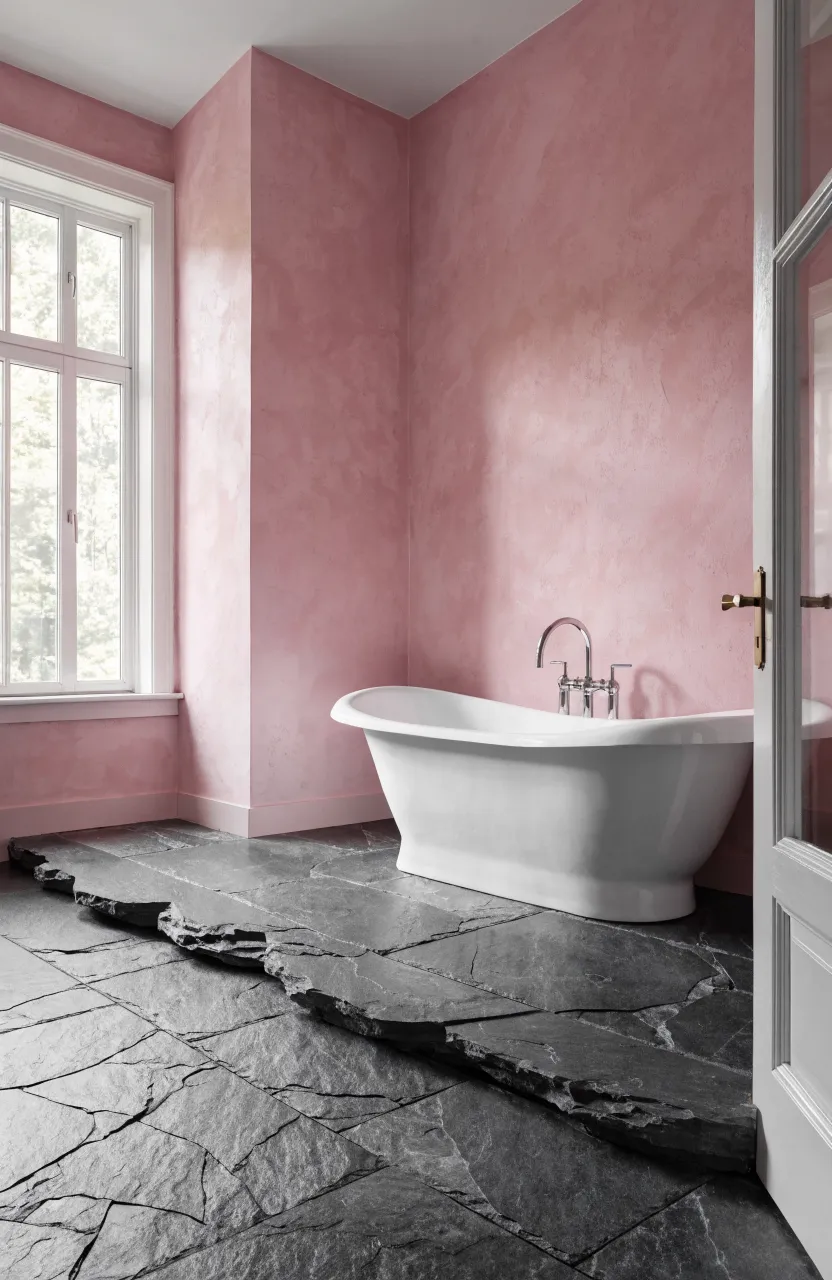 Bathroom with dark grey slate tile floors contrasting against soft pastel pink walls.