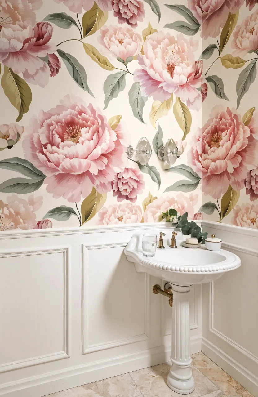 Powder room with pink peony and sage green floral wallpaper above white wood paneling.