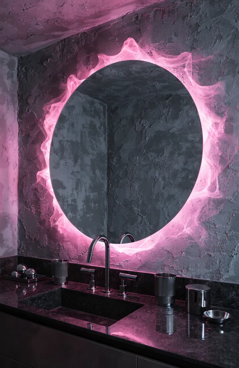 A frameless round bathroom mirror with a glowing pink LED backlight against a dark wall.