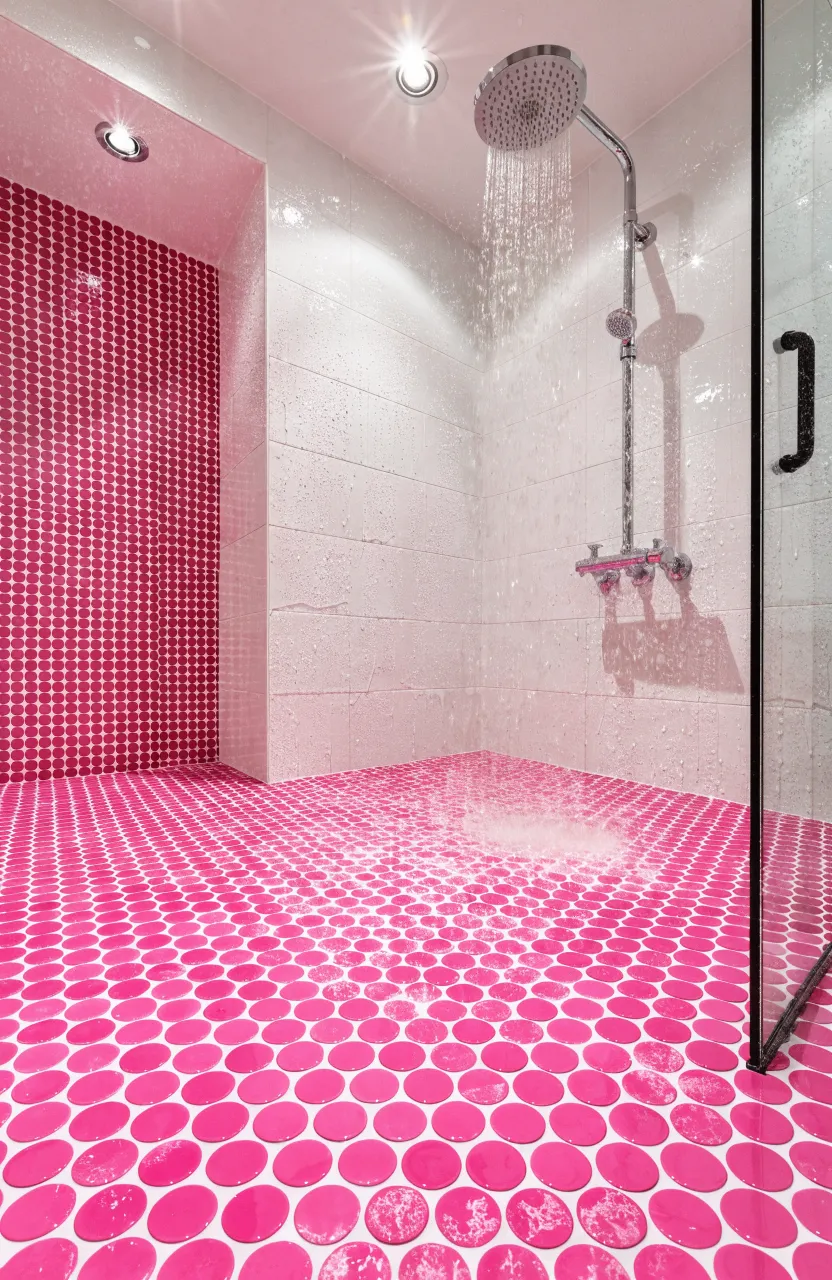 Shower floor featuring bright bubblegum pink round penny tiles with white grout.