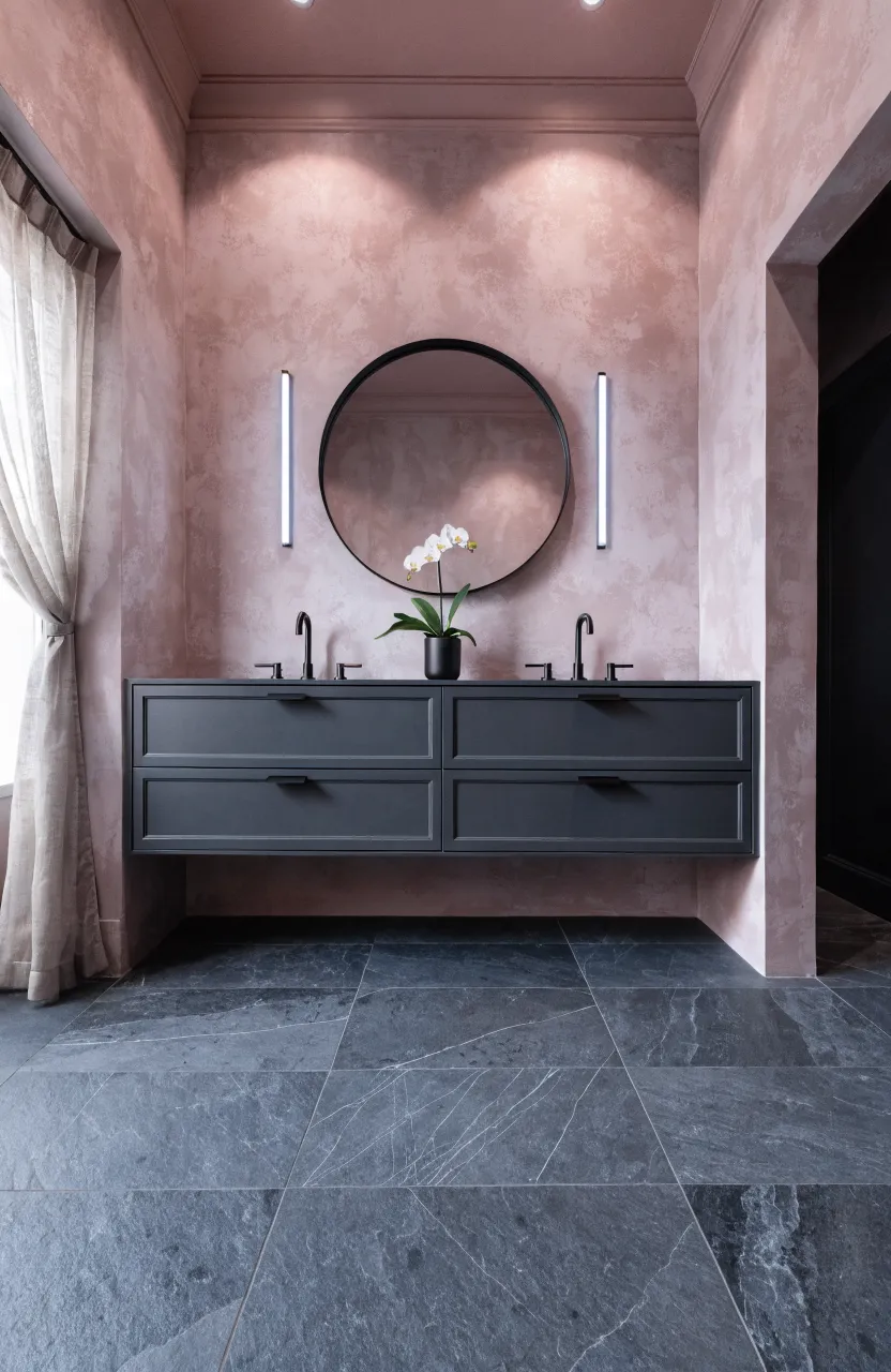 A sleek charcoal grey vanity against a dusty pink wall with matte black fixtures.