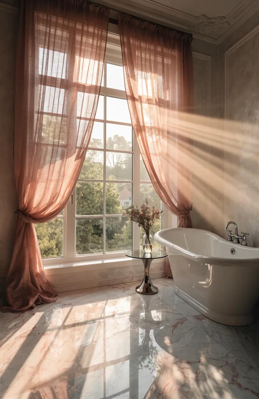 Sheer rose-colored curtains filtering warm sunlight into a bright, white bathroom.
