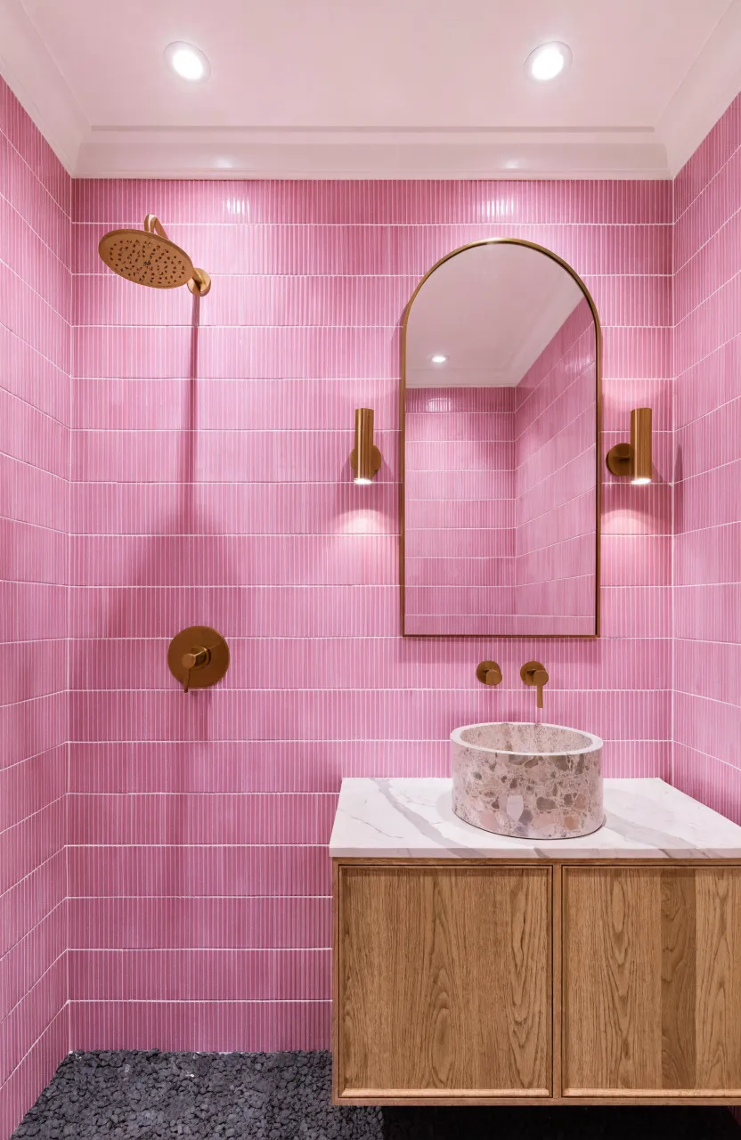 Modern bathroom wall with vertically stacked pink Kit Kat tiles and a gold-framed mirror.