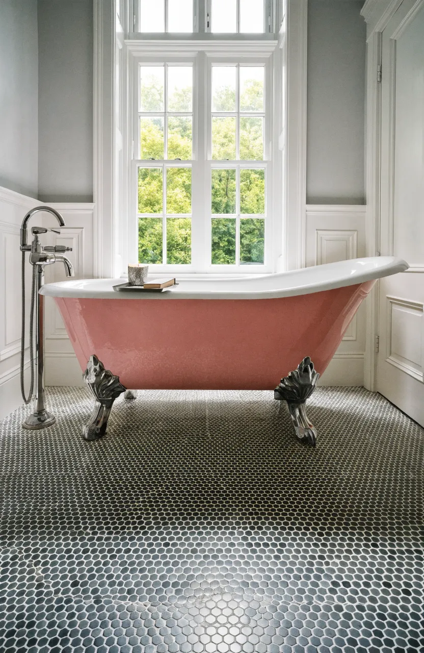 A vintage clawfoot tub with a shell pink exterior and chrome feet in a white bathroom.