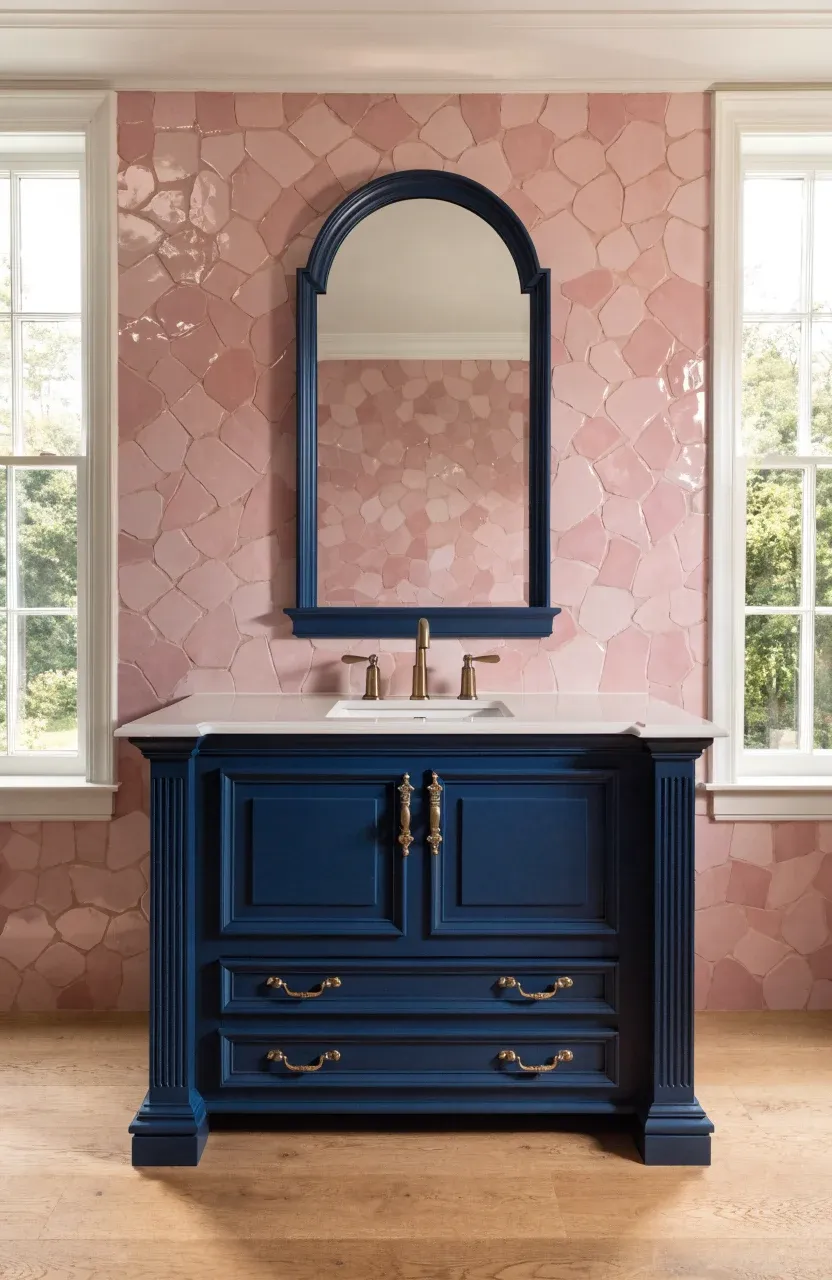 A navy blue bathroom vanity with a soft pink zellige tile backsplash and gold fixtures.