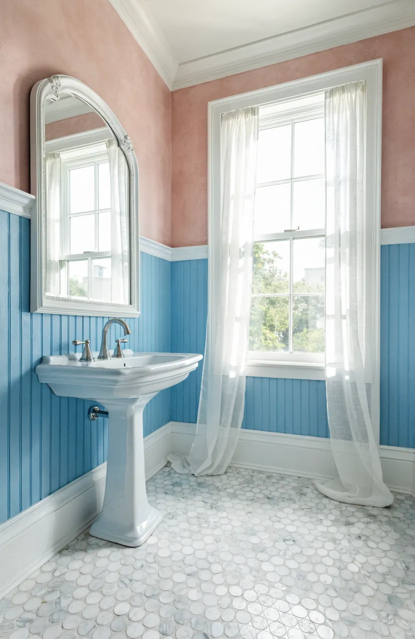 Bathroom with sky blue beadboard wainscoting and blush pink upper walls with white trim.