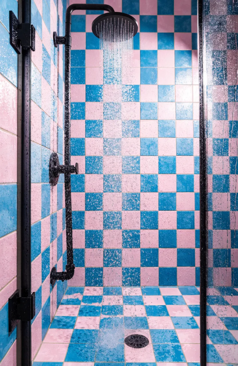A shower with pink and blue checkerboard tiles and modern matte black shower fixtures.