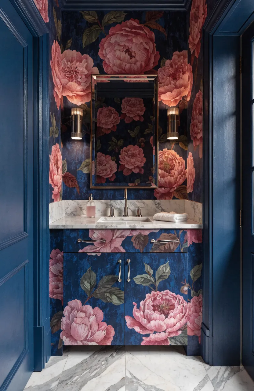Luxury bathroom with navy and pink floral wallpaper and a white marble countertop.