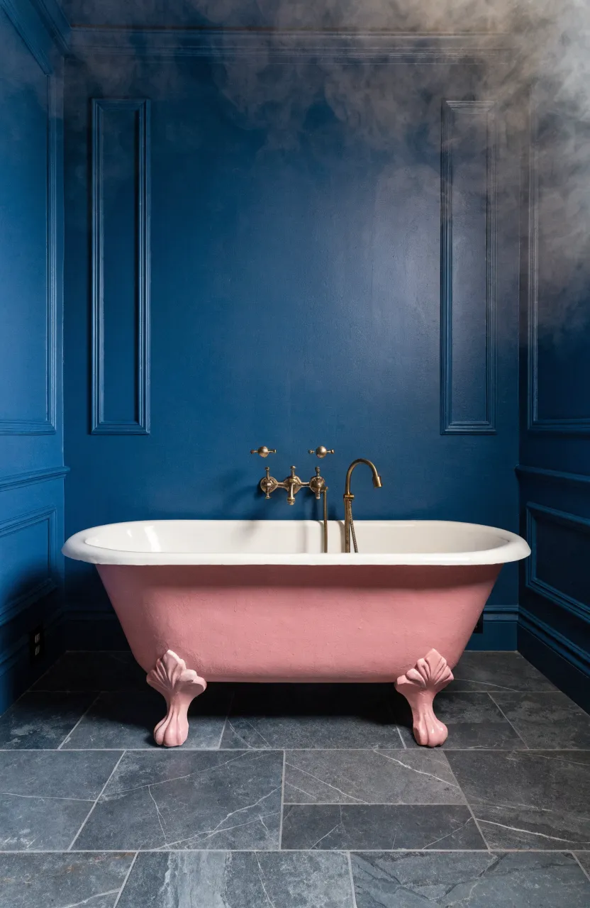 A soft pink clawfoot bathtub positioned against a deep midnight blue accent wall.