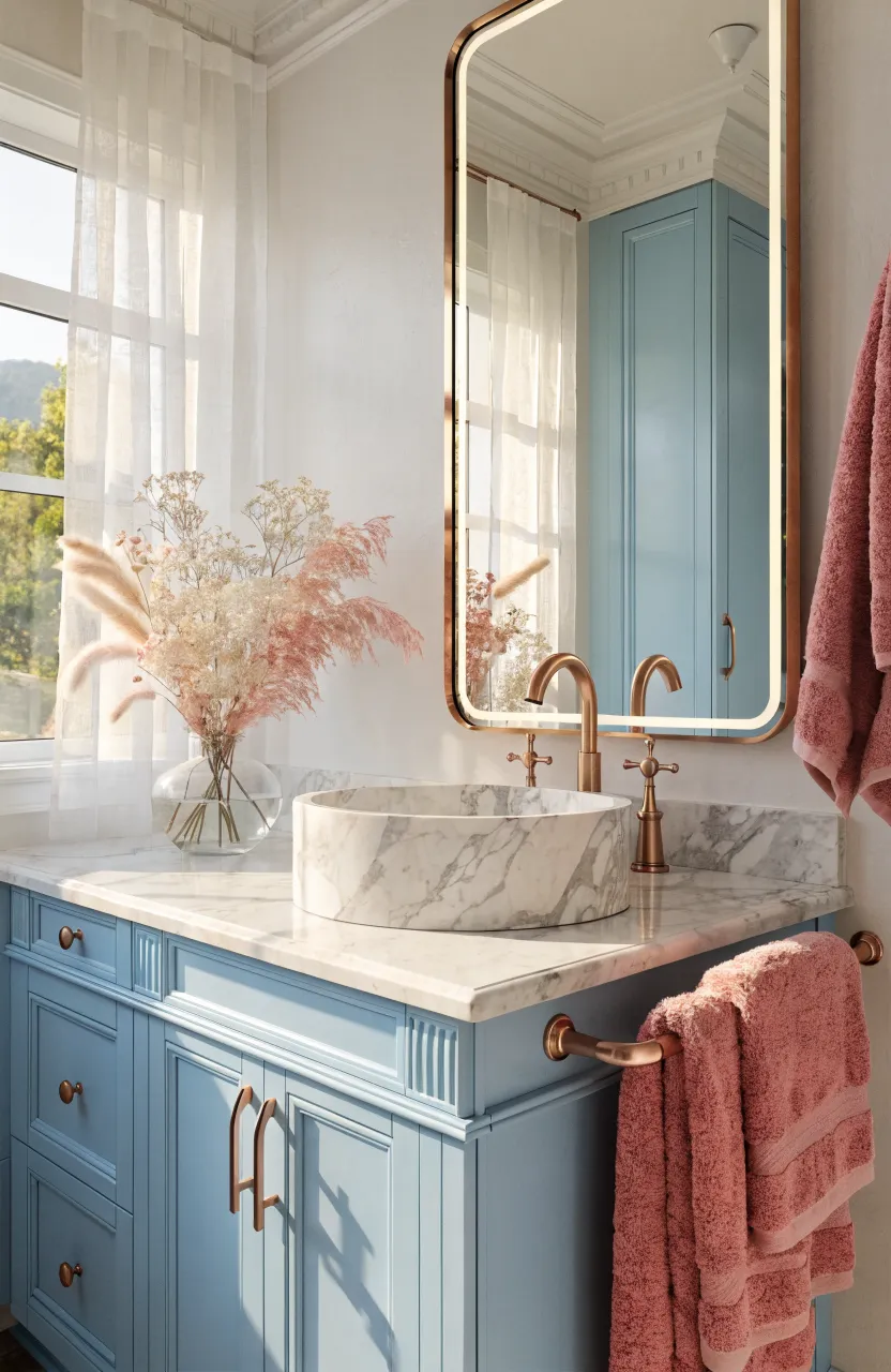 Light blue bathroom cabinets with rose gold handles and fluffy pink towels.