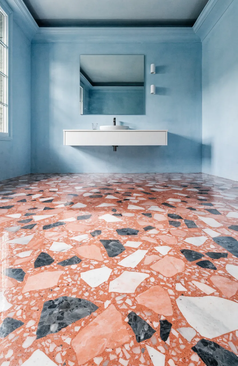 Modern bathroom with pink flecked terrazzo flooring and pale blue walls.