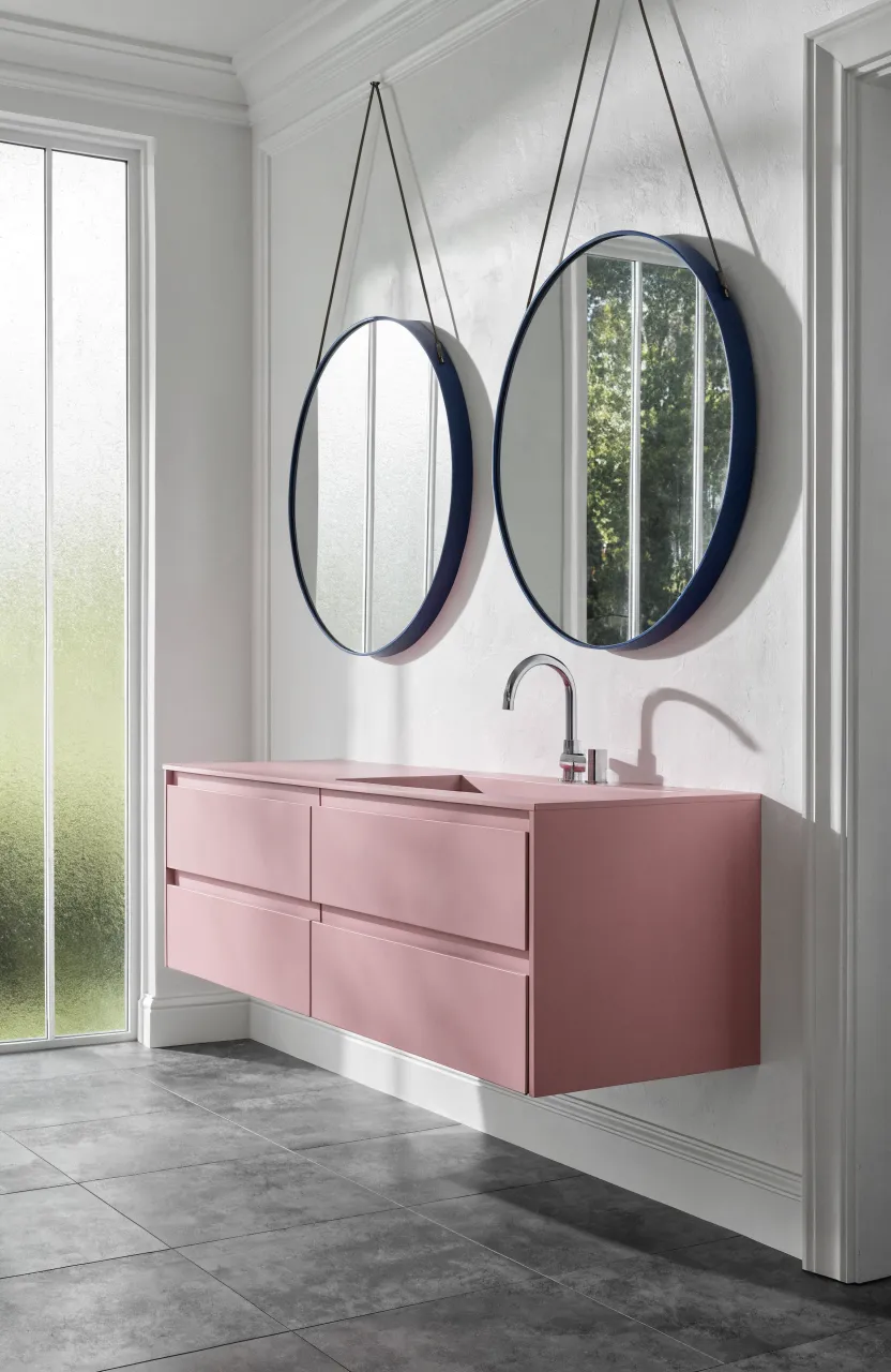 A modern pink floating vanity with two round blue-framed mirrors in a bright bathroom.