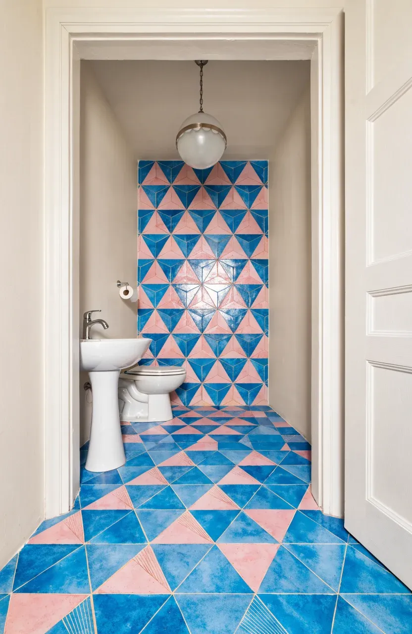 Small bathroom featuring bold blue and pink geometric floor tiles and white walls.