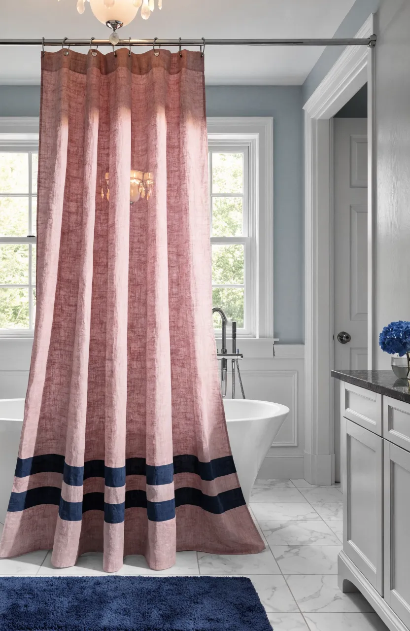 Blush pink shower curtain with navy blue stripes in a clean, coordinated bathroom.
