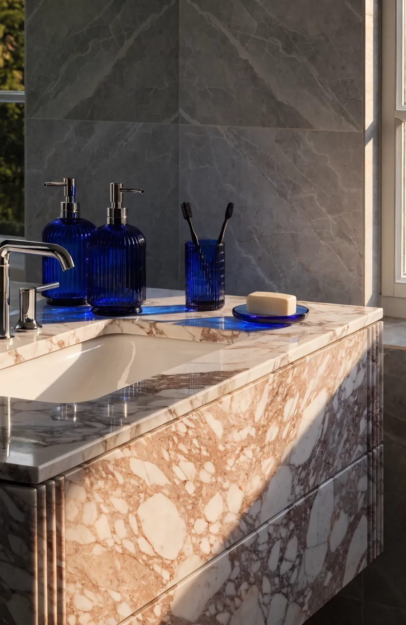 Luxury bathroom vanity with pink-veined marble and translucent blue glass soap dispensers.