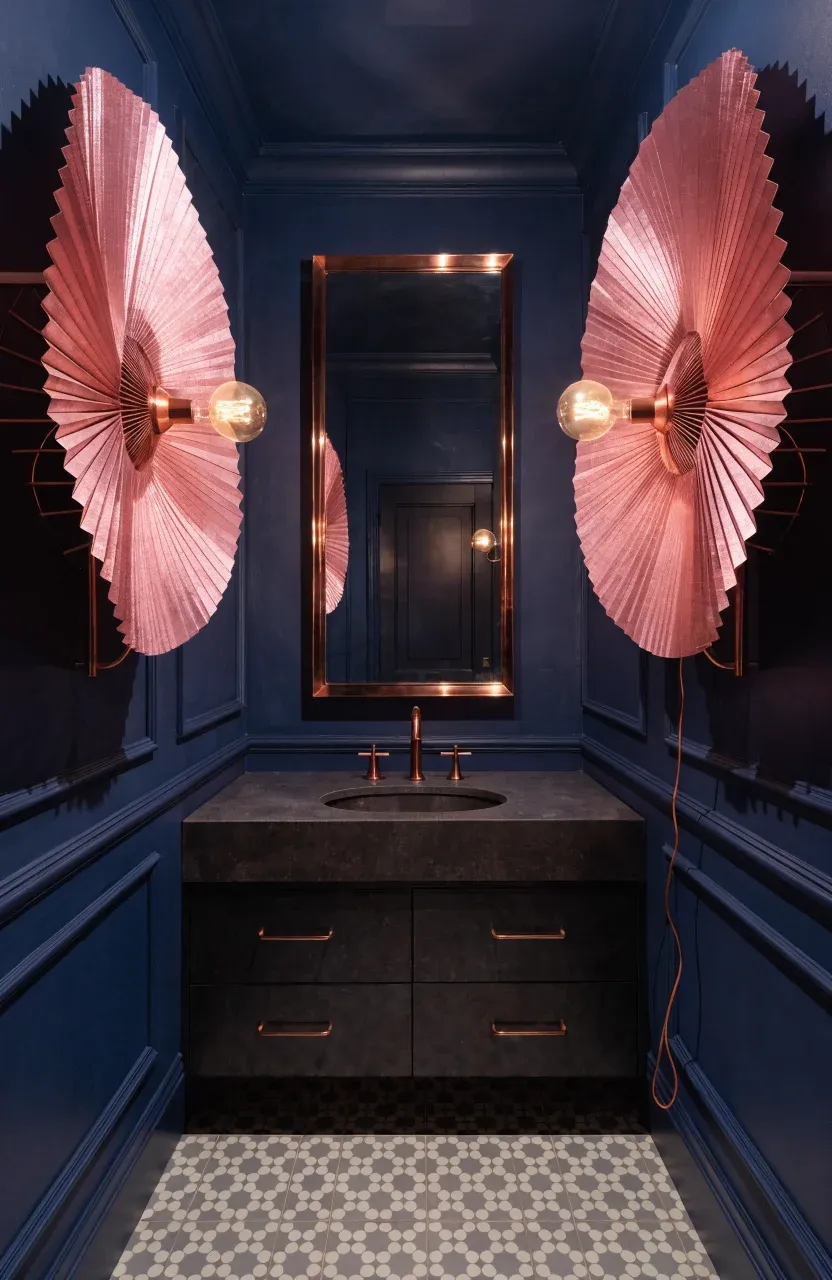 Dark navy bathroom walls accented by glowing metallic pink and copper light fixtures.
