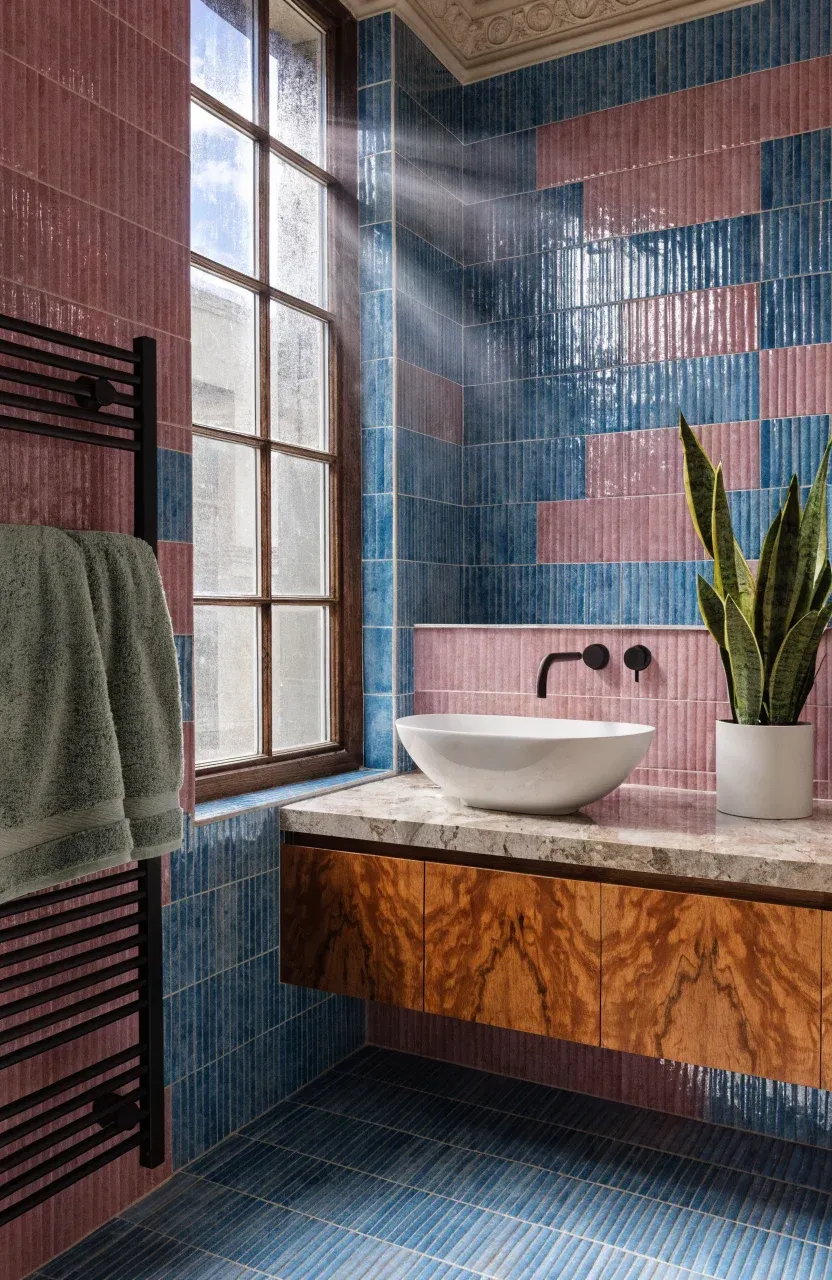 A modern bathroom with pink and blue tiles, featuring sage green towels and a potted plant.