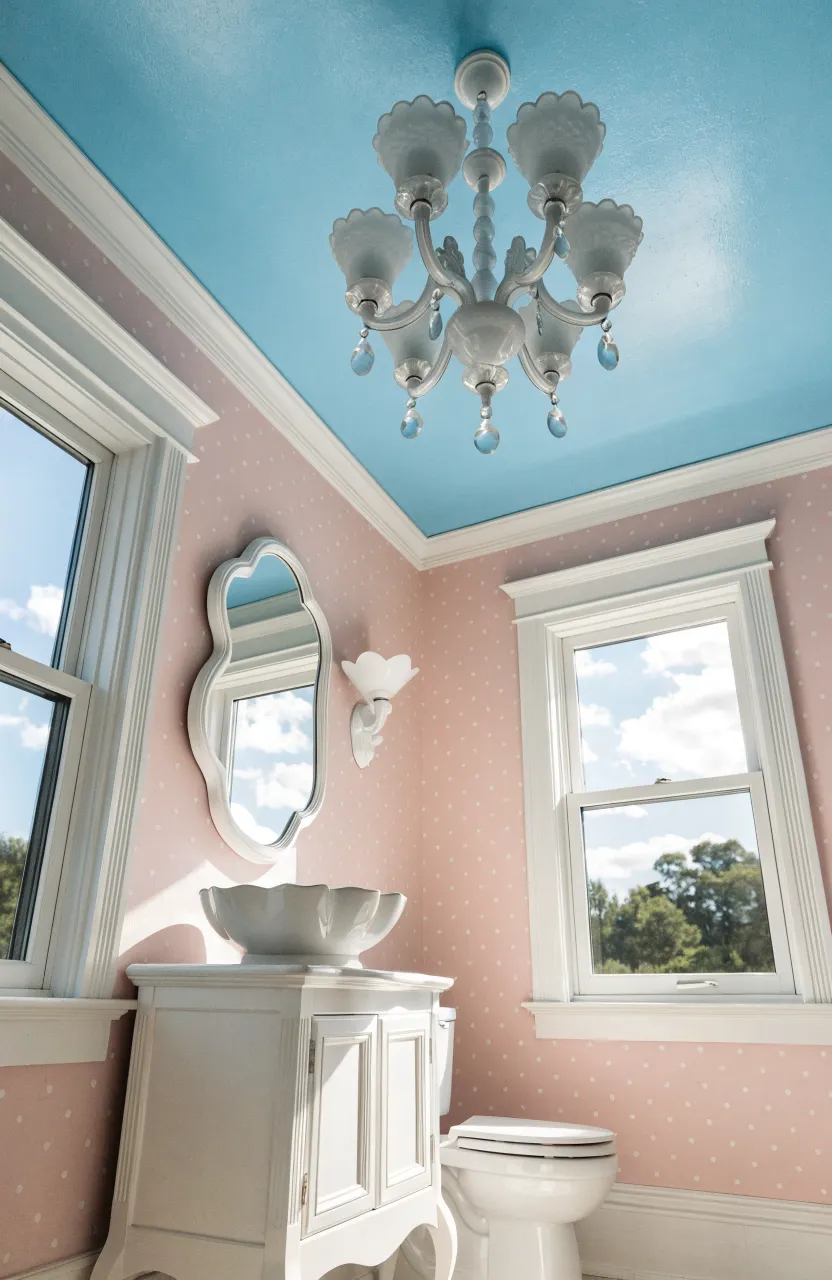 A bathroom with a sky blue ceiling and pale pink polka dot wallpaper for a whimsical look.