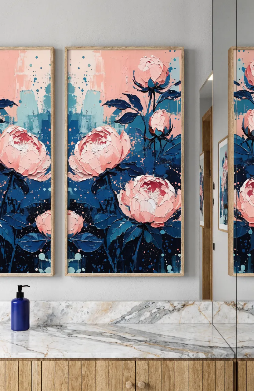 Framed botanical prints with pink flowers and blue leaves on a bathroom wall.