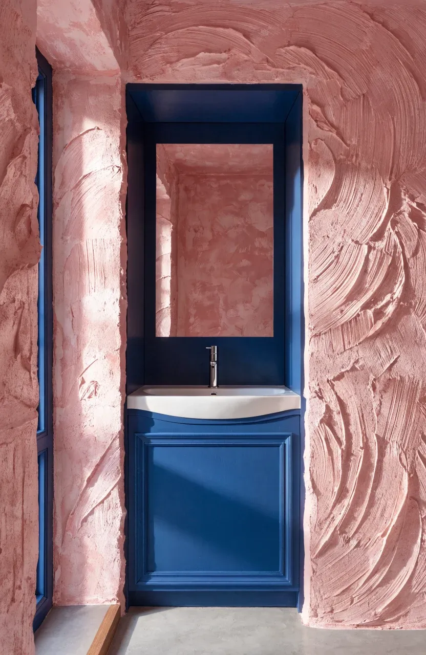 A navy blue medicine cabinet mounted on a soft pink textured plaster bathroom wall.