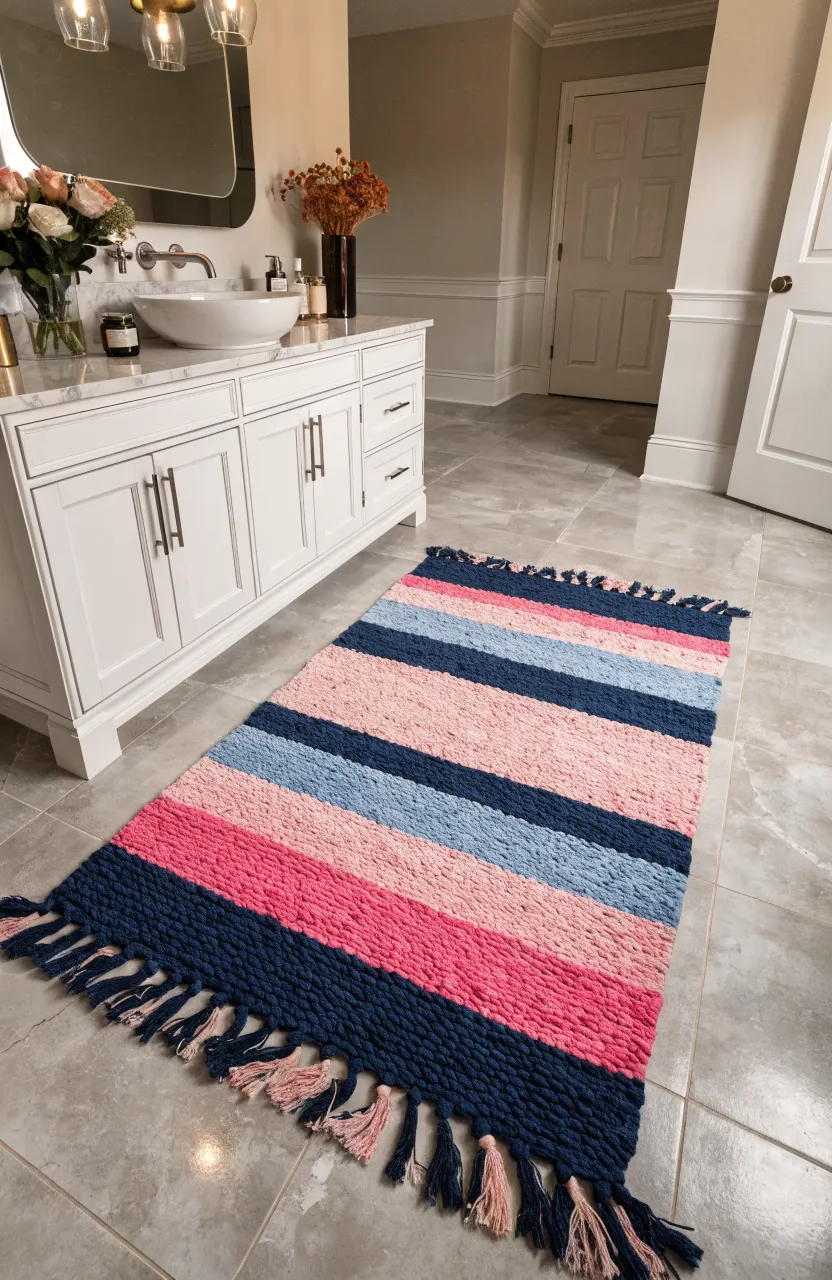 A blue and pink striped rug on a light grey tiled bathroom floor next to a white vanity.