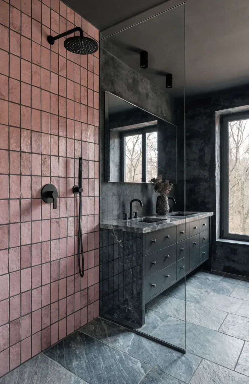 Matte mauve subway tiles with dark charcoal grout in a modern walk-in shower.