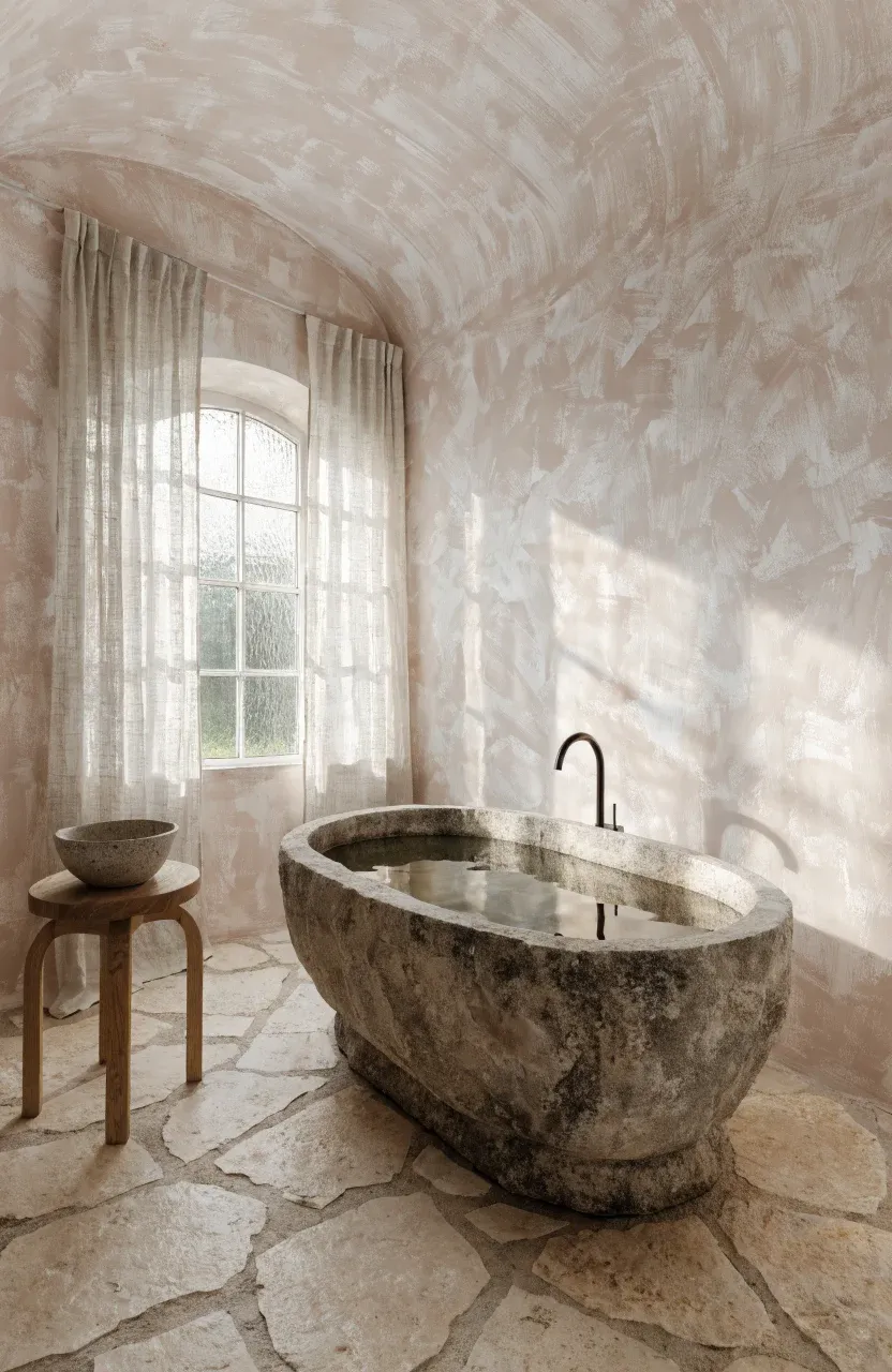 Textured soft pink lime wash walls in a minimalist bathroom with a stone tub.