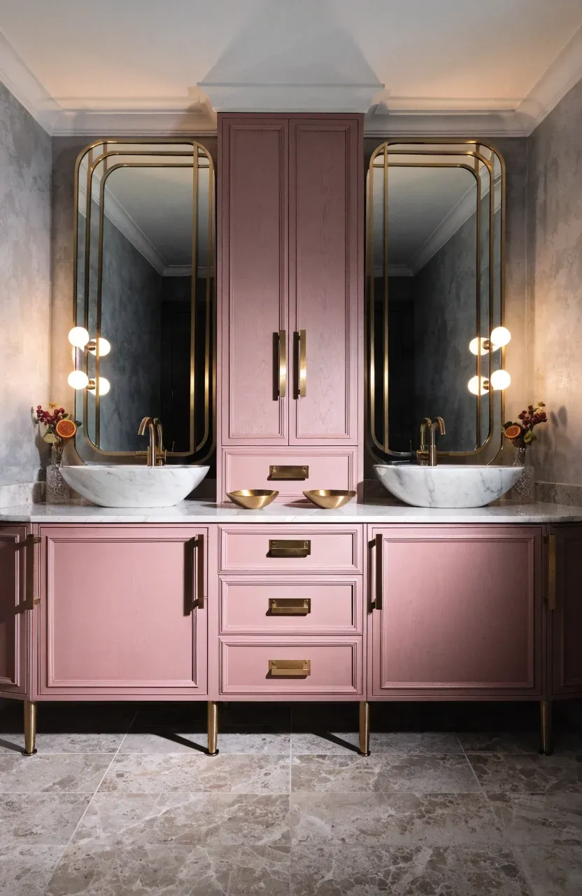 Brushed gold faucets on a dusty rose bathroom vanity with marble countertops.