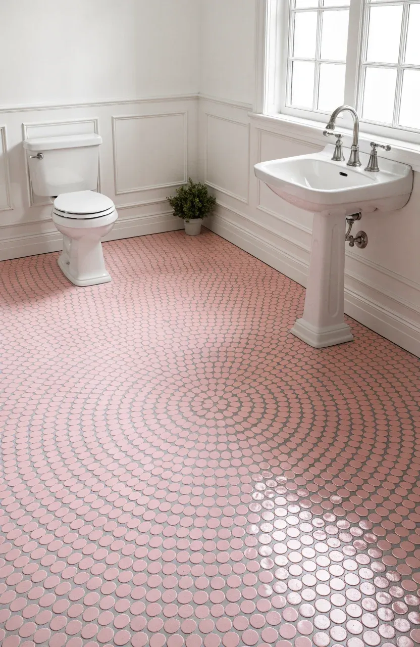 Small bathroom floor featuring pale pink penny tiles and light grey grout.
