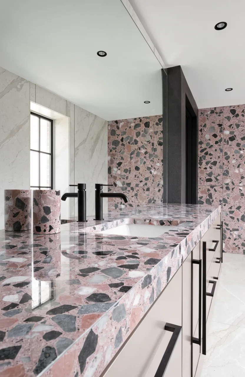 Terrazzo bathroom countertop with blush pink and grey stone flecks.