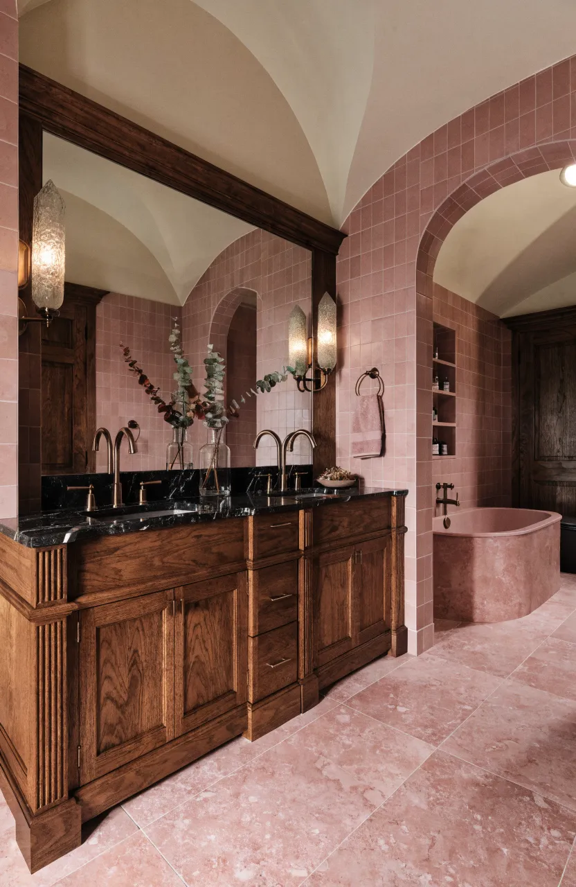 Dark walnut cabinets contrasted against soft dusty pink walls in a modern bathroom.
