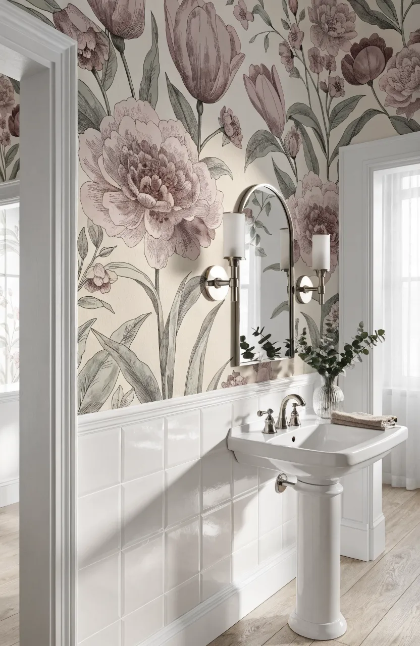 Floral wallpaper with mauve flowers and sage green leaves on a bathroom wall.