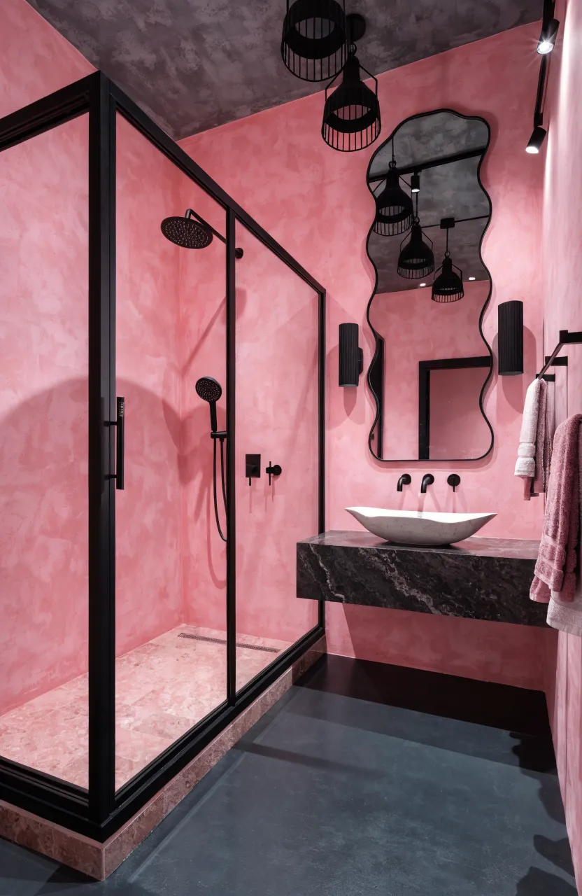 A pink bathroom featuring matte black shower frames and modern black fixtures.