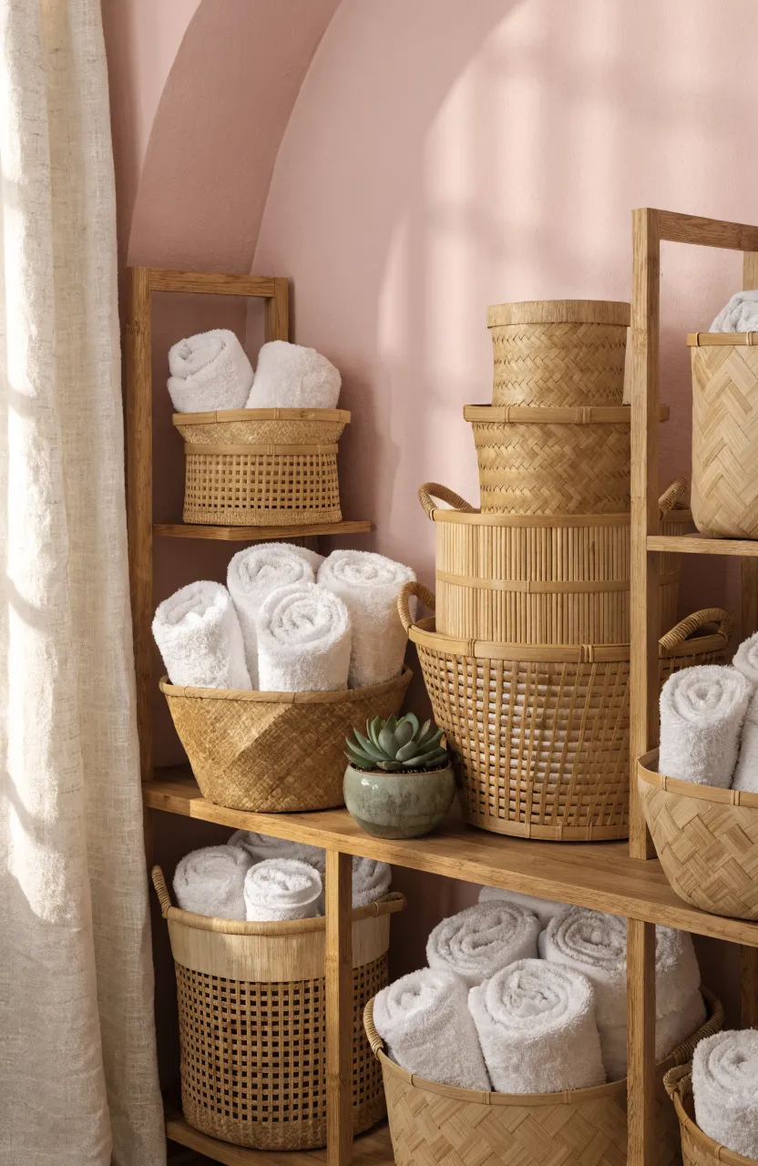 Natural bamboo baskets for storage against a soft pink bathroom wall.
