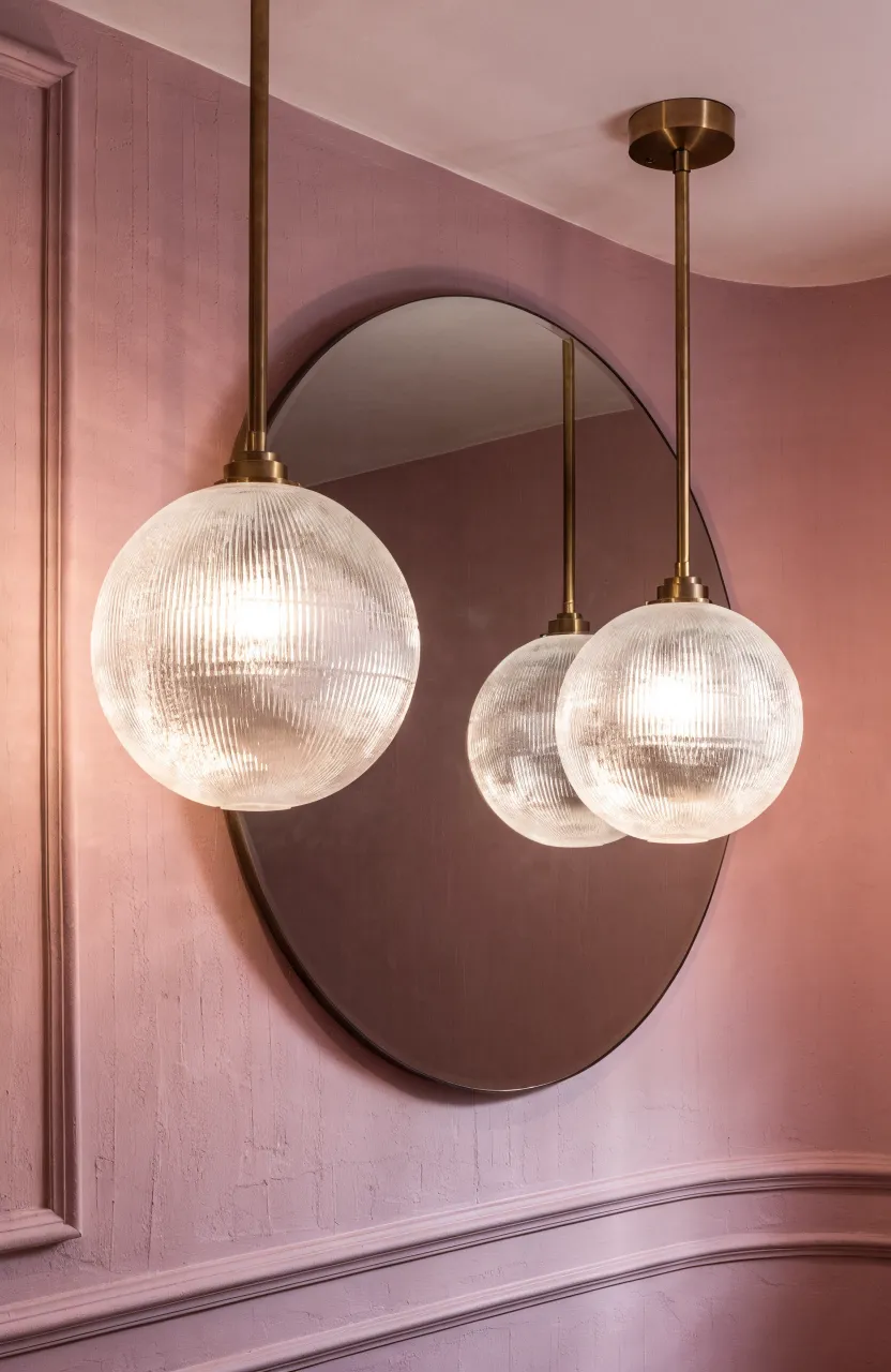 Frosted glass pendant lights providing soft illumination in a pink bathroom.