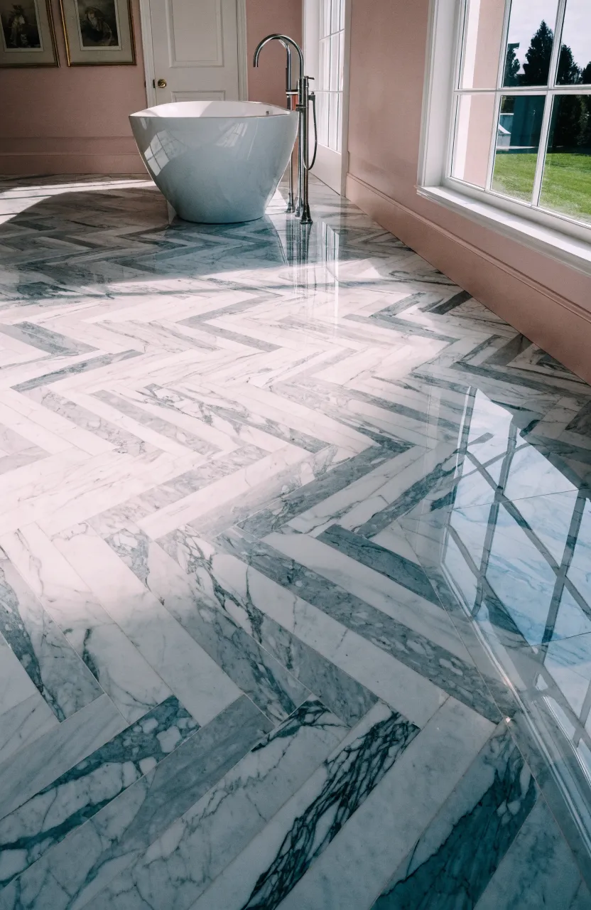 Polished marble herringbone flooring in a bathroom with pale pink walls.