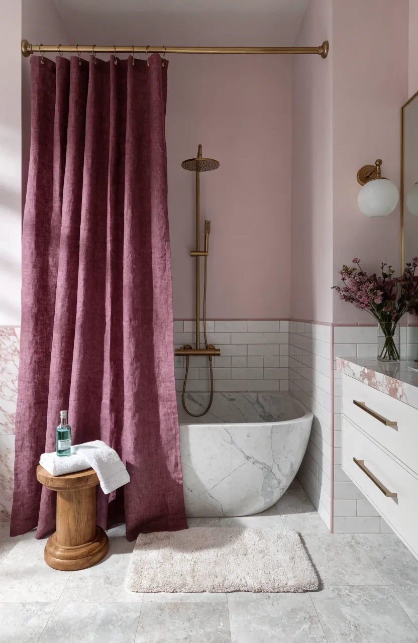 A modern bathroom with a thick deep mauve linen shower curtain and soft pink walls.