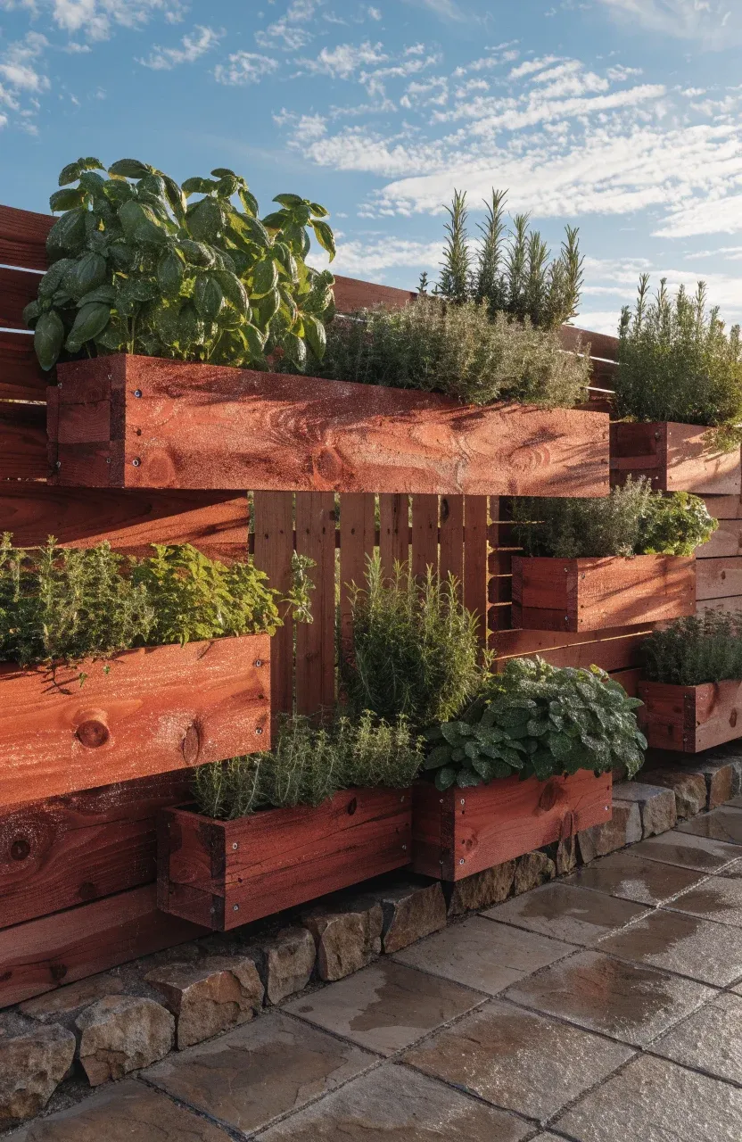 Stacked cedar wood planter boxes filled with green herbs mounted on a modern backyard fence.