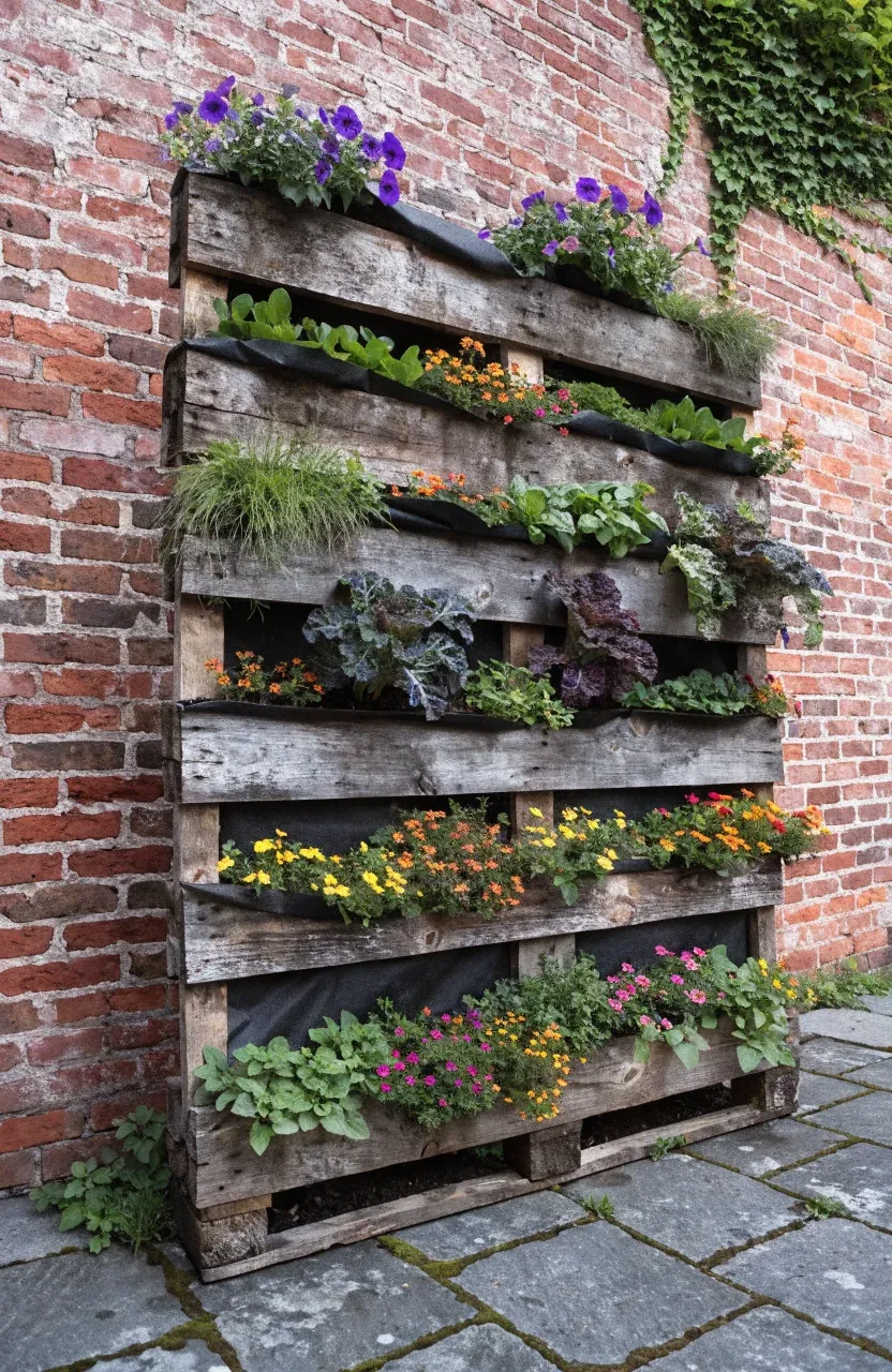 A wooden pallet repurposed into a vertical garden with colorful flowers and leafy greens on a brick wall.