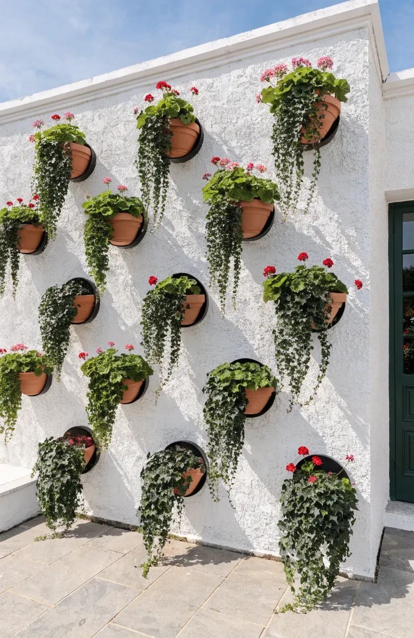 Terracotta pots mounted in black metal rings on a white wall forming a geometric vertical garden.