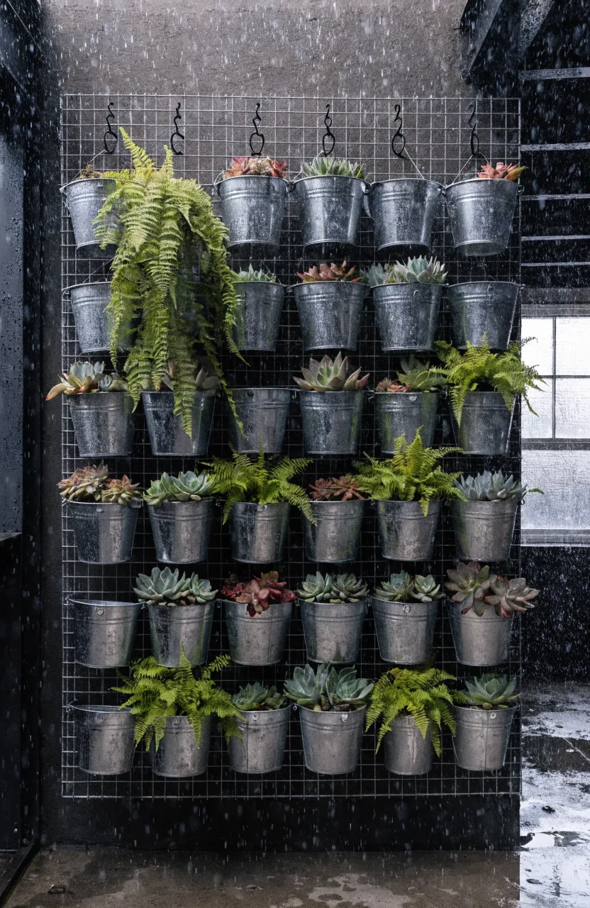 Industrial metal grid wall with galvanized buckets hanging from S-hooks filled with lush plants.