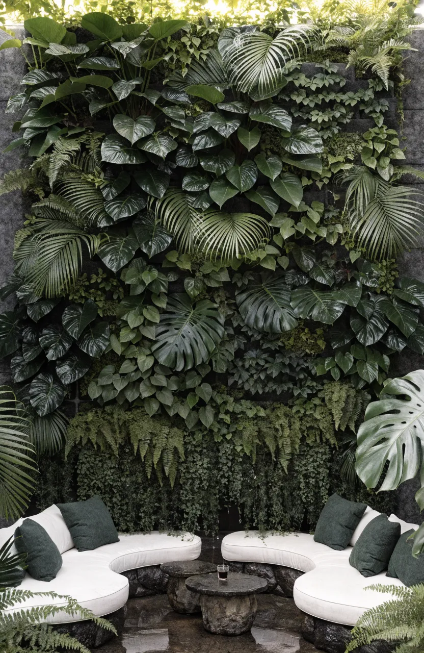 A dense, lush vertical garden wall made of green plants in a felt pocket system.