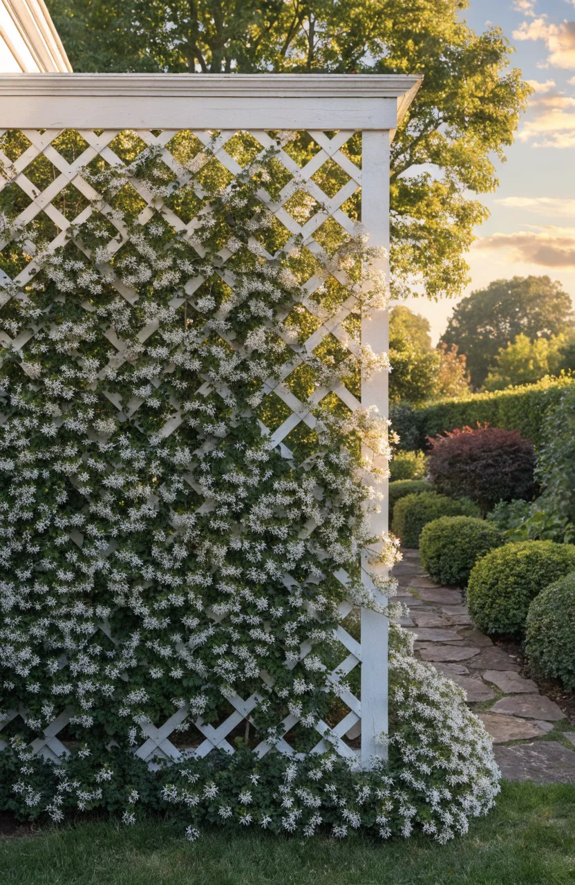 White wooden lattice trellis covered in climbing star jasmine vines with small white flowers.