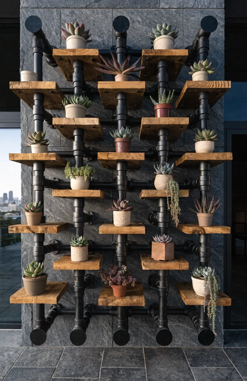 Black industrial pipe and wood shelves holding various succulent plants on a patio wall.