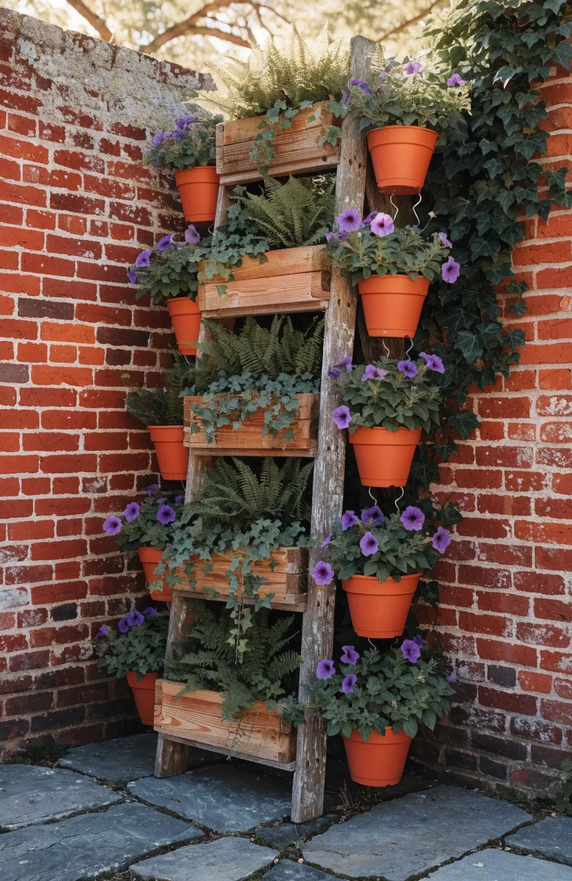 A vintage wooden ladder leaning against a brick wall holds various potted plants and flowers.