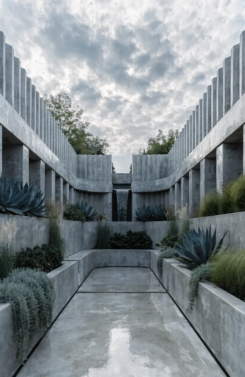 Modern tiered concrete retaining wall with built-in pockets for architectural plants and greenery.